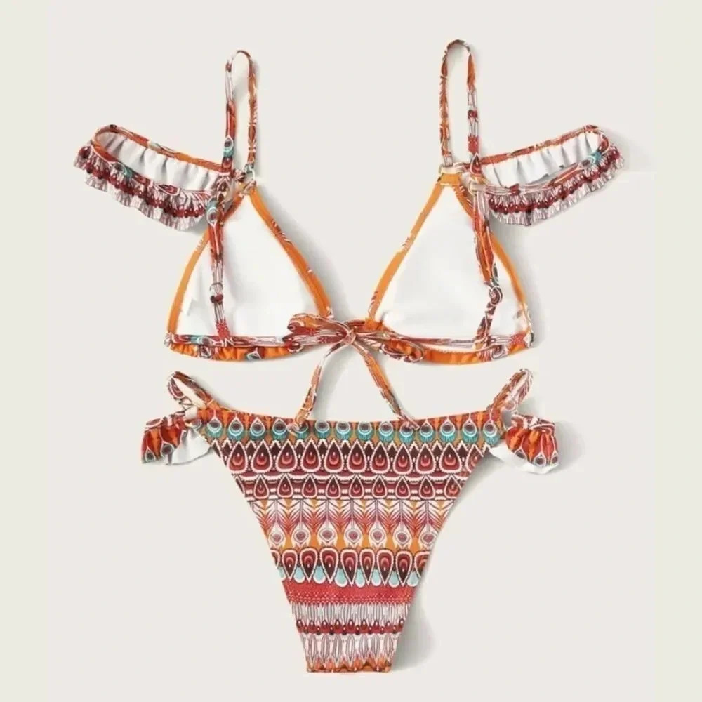 NEW! Boho Ruffled Feather Print Ruffle Triangle Bikini - Picture 6 of 10